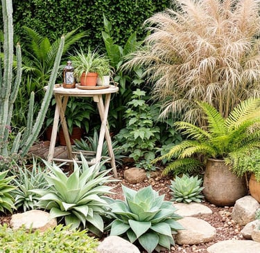 boho garden with succulant plants