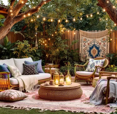 a patio with a rug in a boho garden with string lighting