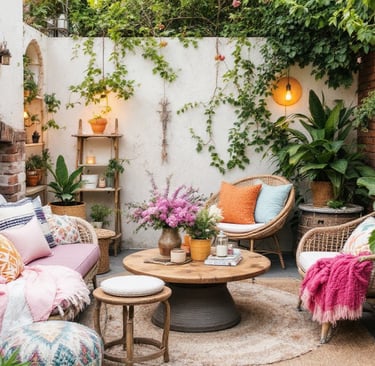 boho garden with a a patio with a couch and a table with flowers