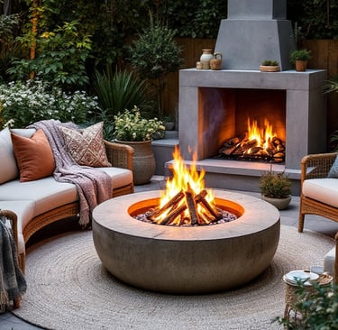 a fire pit with a fire pit in the middle of a patio