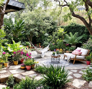 boho patio garden with colorful plants and a hammick