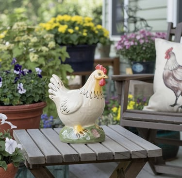A front porch styled with a small wooden table holding a ceramic chicken figurine, surrounded by fl