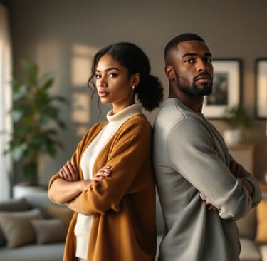 a man and woman standing in a living room