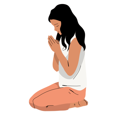 a woman sitting on a bench with her hands clasped together