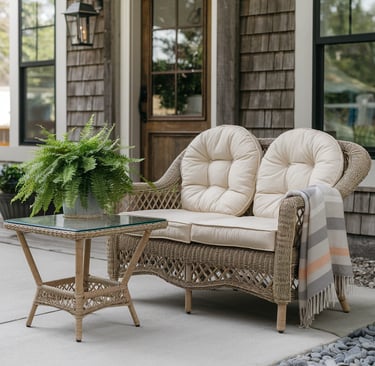 A wicker loveseat with cream cushions, a soft throw draped over one side, and a small glass-topped t
