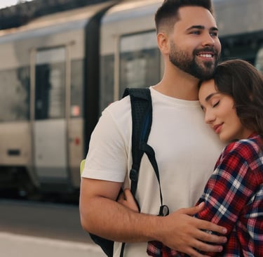 a man and woman standing in front of a train