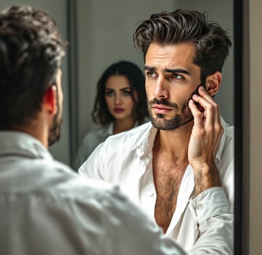 a man in a white shirt is looking at his reflection in the mirror