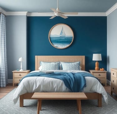 a bedroom with a bed and a blue wall