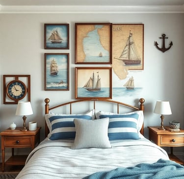 a nautical themed bedroom with a bed and a clock