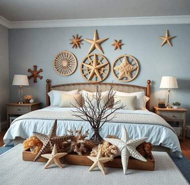a nautical bedroom with starfish and coral decor