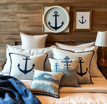 a nautical themed bed with a bed and a blue blanket