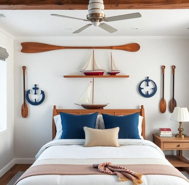 a nautical bedroom with Sailboat Models and Wooden Oars