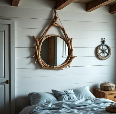 a nautical bedroom with a mirror made of driftwood hanging on the wall