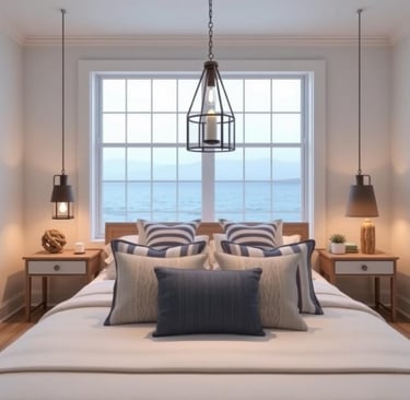 a nautical themed bedroom with a bed and a lamp