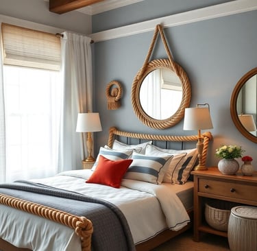 a nautical themed bedroom with a bed and a mirror