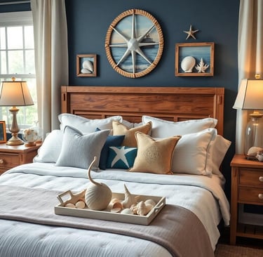 a nautical bedroom with a tray of shells and Seashell Accents