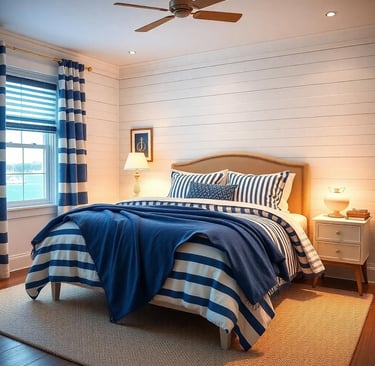 a nautical bedroom with a bed with blue and white striped bedspread