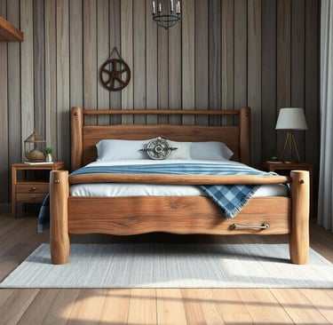 nautical themed bedroom a bed with a wooden bed frame and a blue blanket