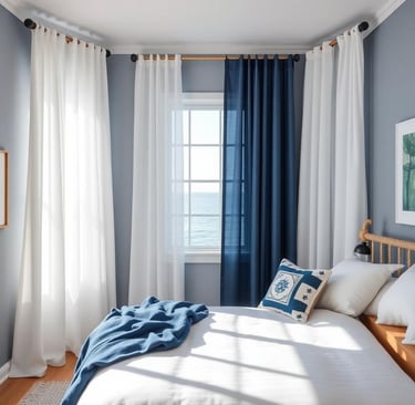a nautical bedroom with Sheer White Curtains
