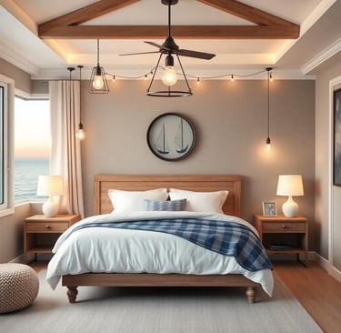 a nautical bedroom with a bed and hanging lights