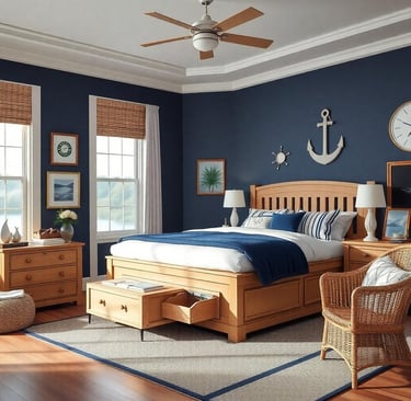 a nautical bedroom with a bed and a chair