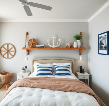 a nautical bedroom with a bed, shelves and a ceiling fan
