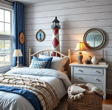 a nautical bedroom with a bed and a lighthouse