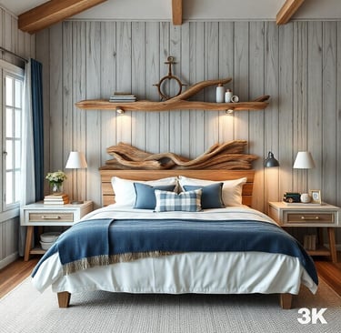 a nautical bed with a wooden headboard and shelves above it