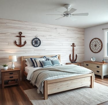 a nautical bedroom with a bed and a ceiling fan