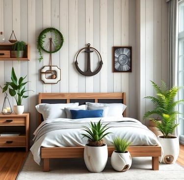 a nautical themed bedroom with a bed and plants