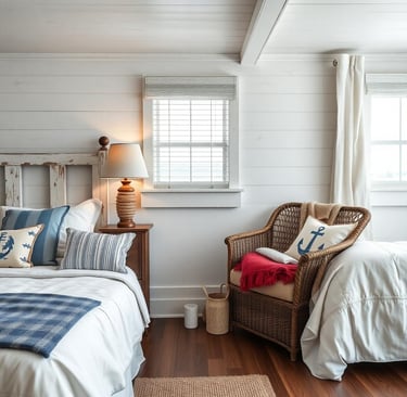 a nautical bedroom with a chair and a bed in a room