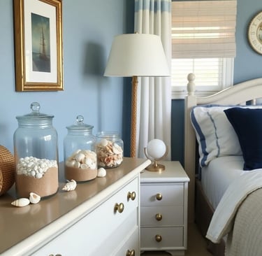 a bedroom a nautical bedroom with a bed, dresser, and a lamp and seashells