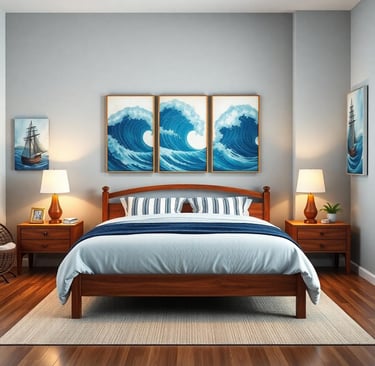 a nautical bedroom with a bed and a painting on the wall