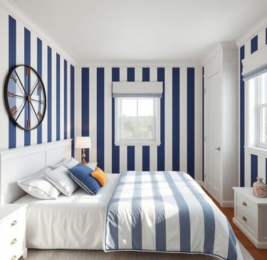 a nautical bedroom with a large bed and a clock on the wall