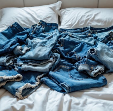 several old pairs of blue jeans laying on a bed