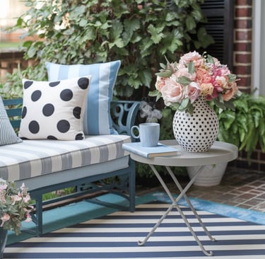 A striped outdoor rug paired with polka-dot cushions on a bench, with a small table featuring a patt