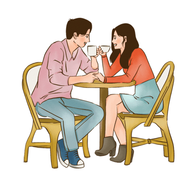 a man and woman sitting at a table with a glass of wine