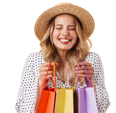 a woman in a hat and polka dotty dress