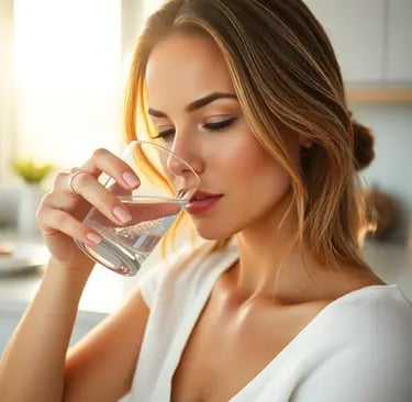 a woman drinking water from a glass of water