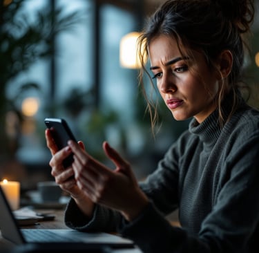 woman looking at her phone and frowning