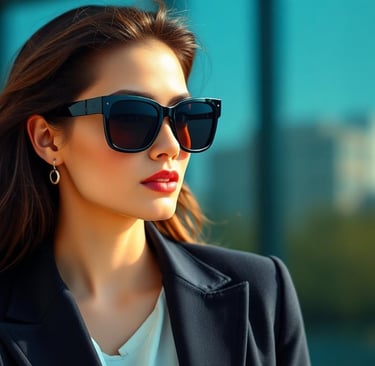 woman wearing Oversized black Sunglasses with a tailored blazer