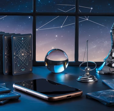 Une boule de cristal, un pendule, des cartes de Tarot et en arrière plan un ciel étoilé avec des constellations