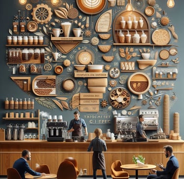 a restaurant with a wall with a large wall mural of a variety of different types