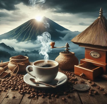 a cup of coffee with a view of a mountain in the background