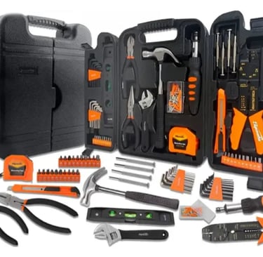 Comprehensive home tool kit with hammer, pliers, screwdrivers, and wrenches in a black plastic case.