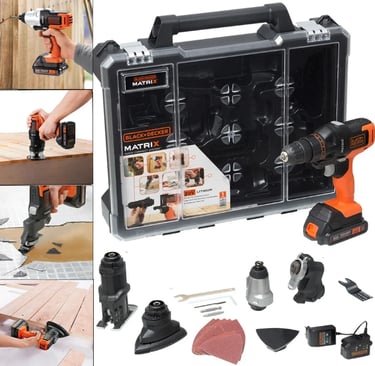 Black and Decker Matrix 20V cordless power tool combo kit with interchangeable drill, sander, and saw heads.