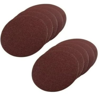 A stack of brown orbital sanding discs for wood and metal surface preparation.