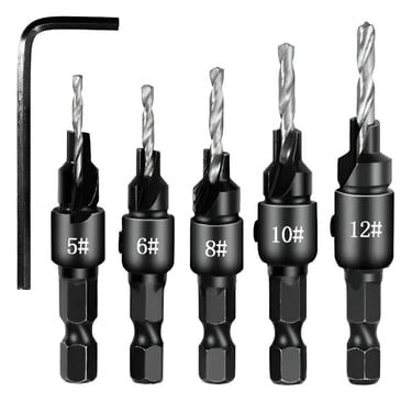 5-piece countersink drill bit set with hex shank and allen wrench for woodworking.