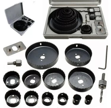 Multi-size carbon steel hole saw kit with drill bit adapter and hex key in a grey carrying case.