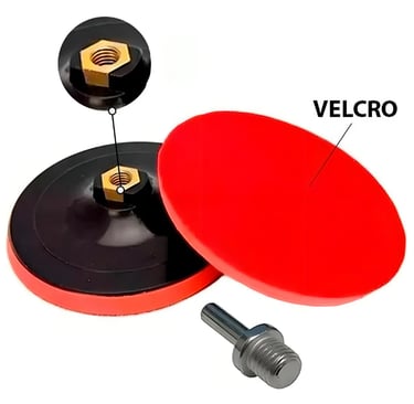 Red velcro backing plate for dual action polisher with brass nut and drill adapter.